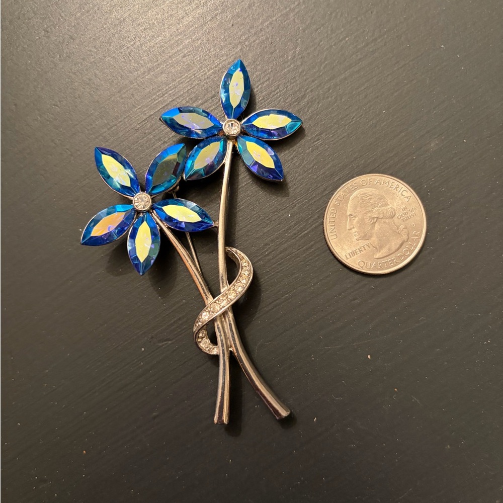 Vintage Mid Century Blue Floral Brooch with Rhinestones Ribbon